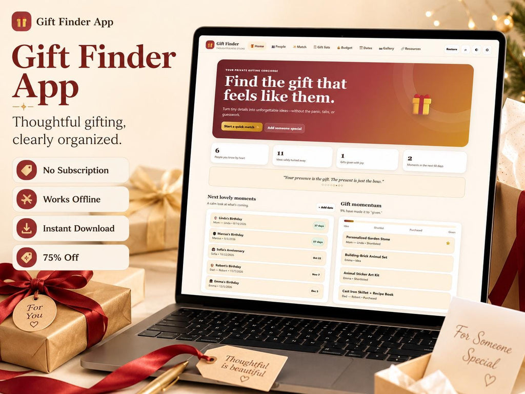 Gift Finder App gift planning offline HTML mini app dashboard