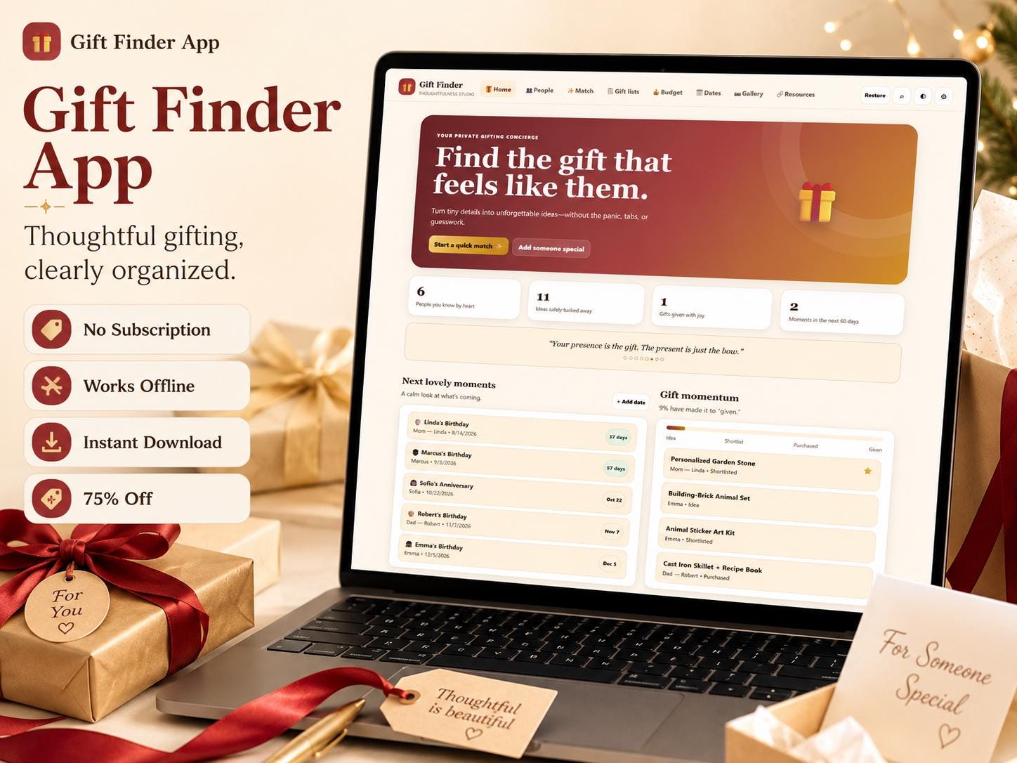 Gift Finder App gift planning offline HTML mini app dashboard