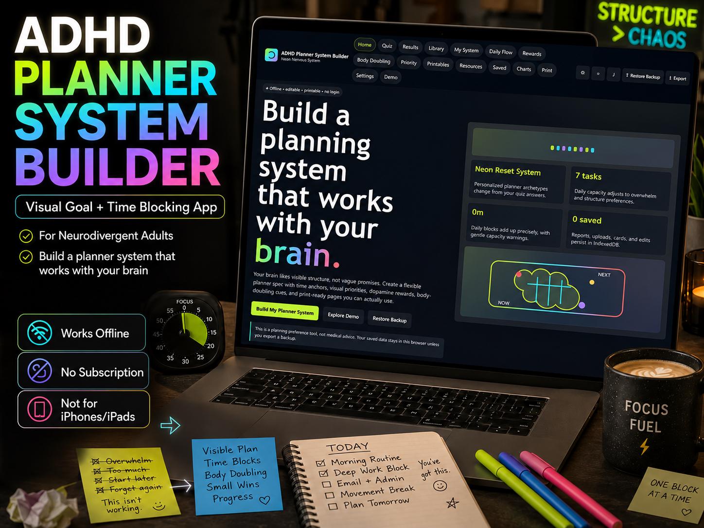 ADHD Planner System Builder adhd planning offline HTML mini app dashboard