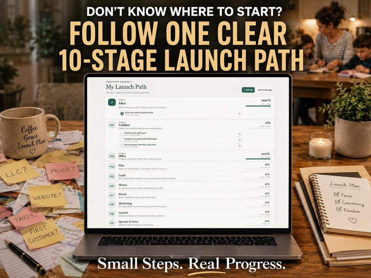 Business launch checklist app showing ten startup stages from idea validation and legal setup through money, marketing, launch and growth.