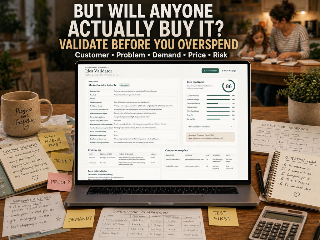 Business idea validation app showing customer clarity, demand evidence, differentiation, price confidence, time fit and startup-risk readiness scoring.