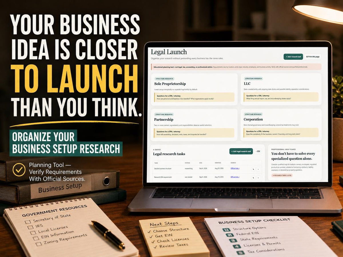 Small business legal setup organizer showing LLC, sole proprietorship, partnership, corporation, EIN and business registration research tasks.