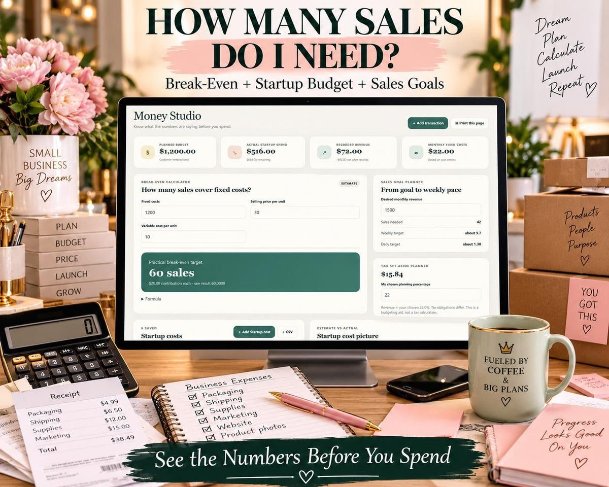 Small business budget and break-even calculator app showing startup spending, revenue, fixed costs, sales goals and estimated break-even sales. The Money Studio calculates break-even from fixed costs, price, and variable cost, and can translate a revenue goal into sales pace.