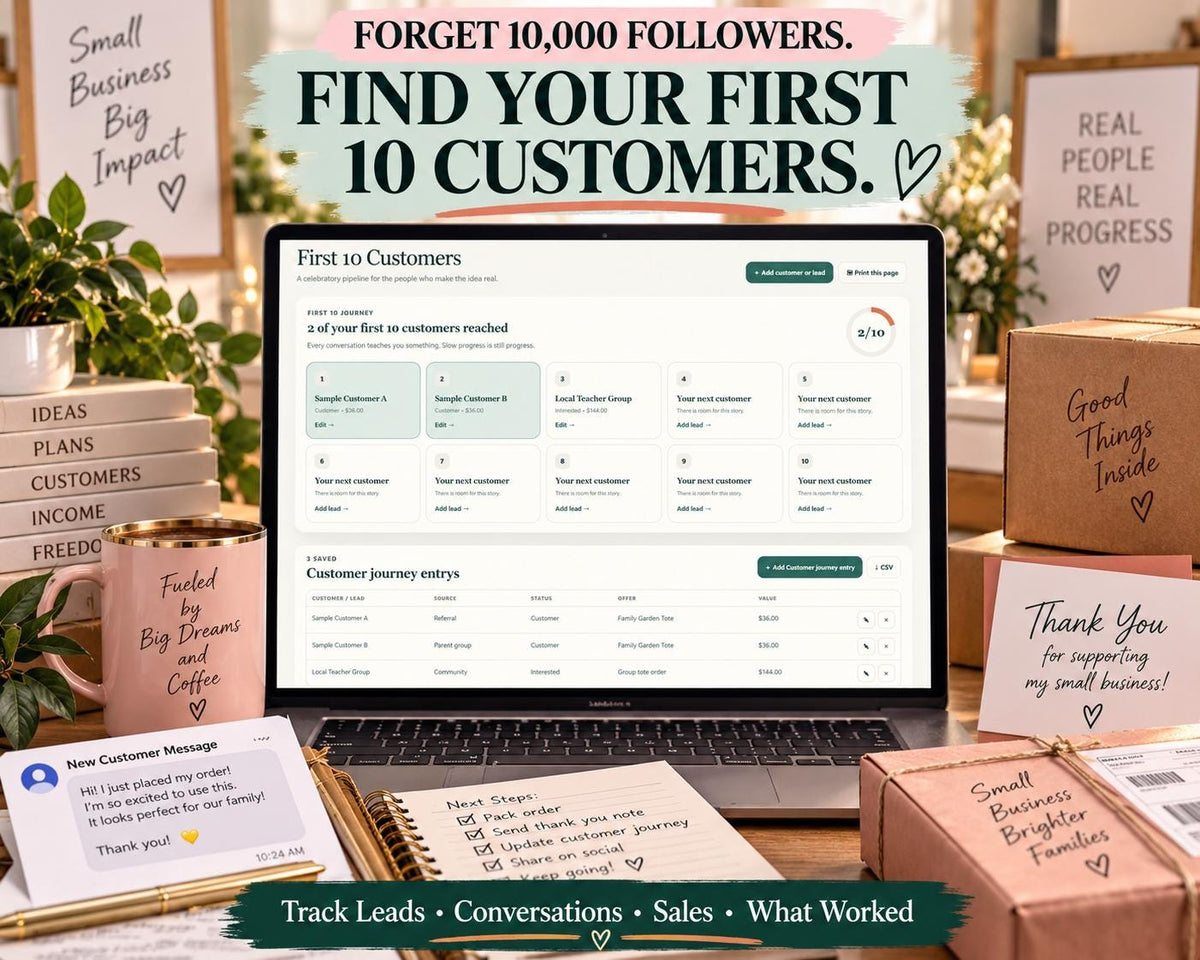Entrepreneur app showing First 10 Customers pipeline for tracking leads, customer sources, offers, status and sales value. The app tracks real people and warns against fake pipeline statistics.