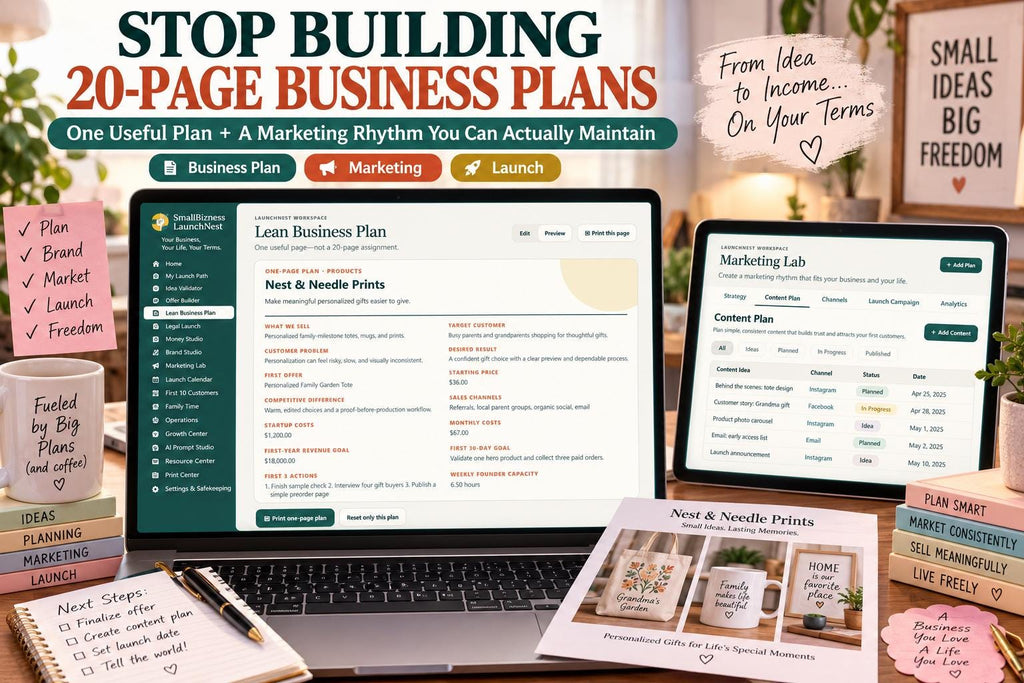 Small business planner app showing a one-page lean business plan with customer, offer, pricing, costs, goals, sales channels and marketing planning.