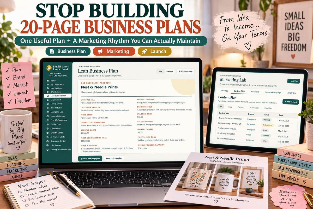 Small business planner app showing a one-page lean business plan with customer, offer, pricing, costs, goals, sales channels and marketing planning.