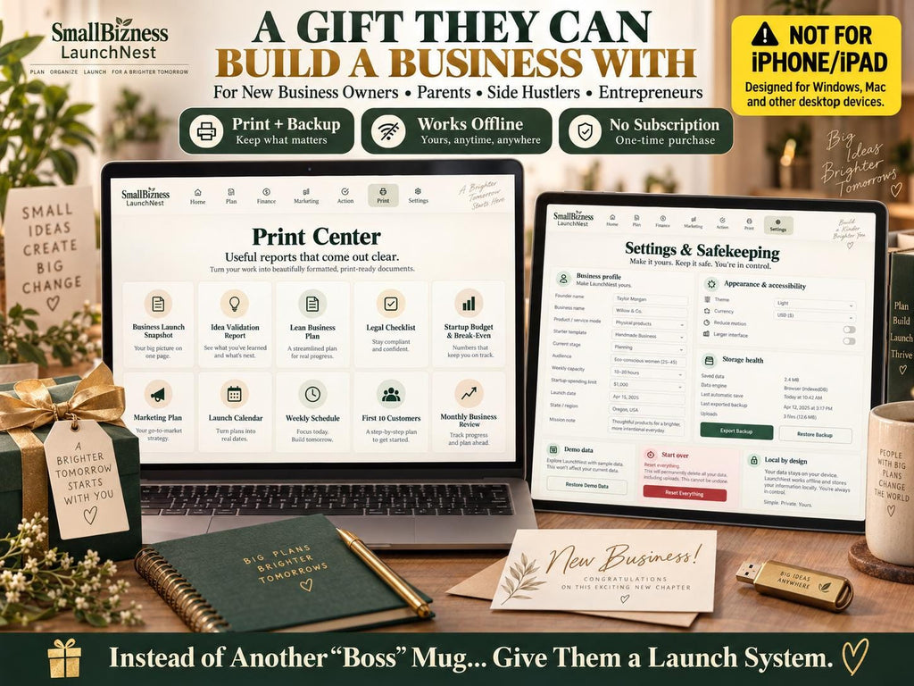 Digital entrepreneur gift showing SmallBizness LaunchNest Print Center, business launch reports, local backup and offline small business planning tools.