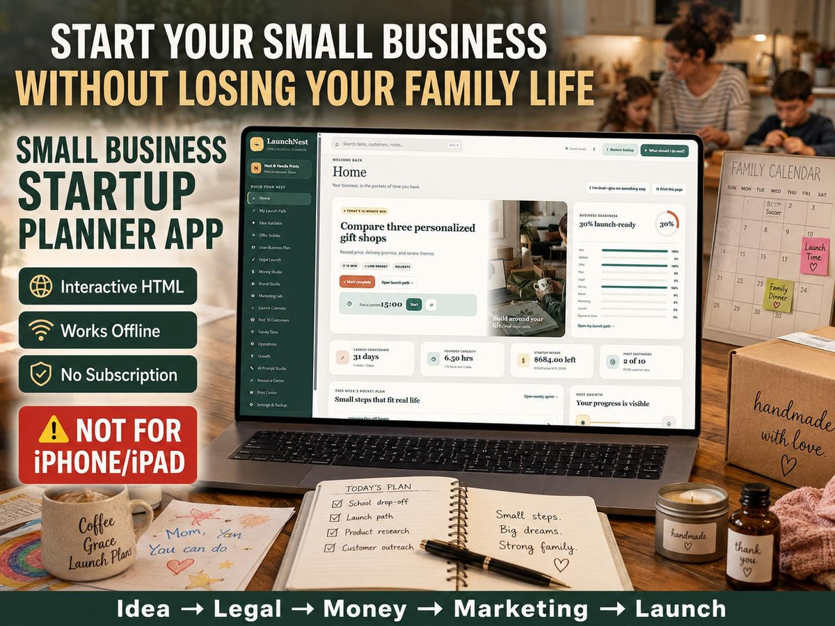 Small business startup planner app on laptop showing LaunchNest readiness, launch countdown, business tasks and family-aware planning for home entrepreneurs.