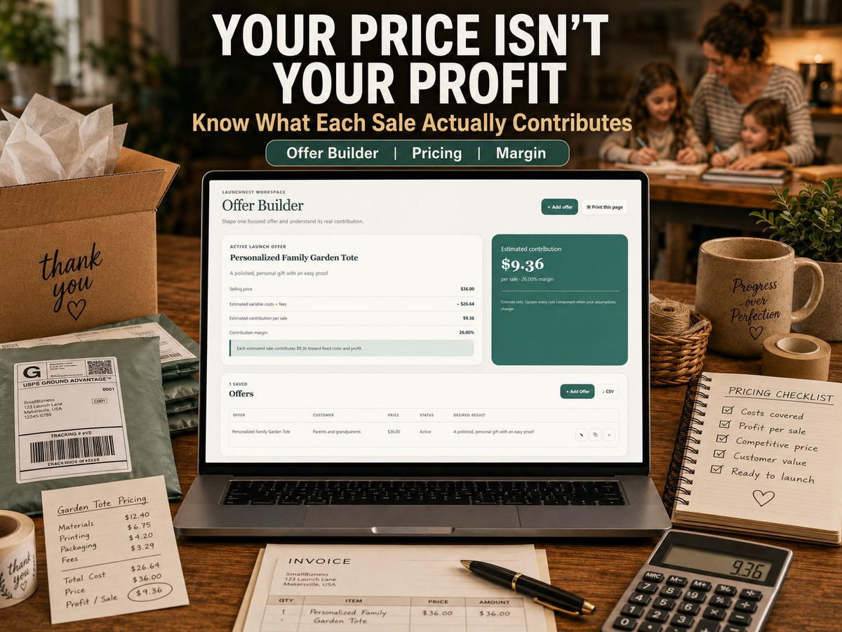 Small business pricing app showing Offer Builder with selling price, variable costs, fees, contribution per sale and contribution margin.