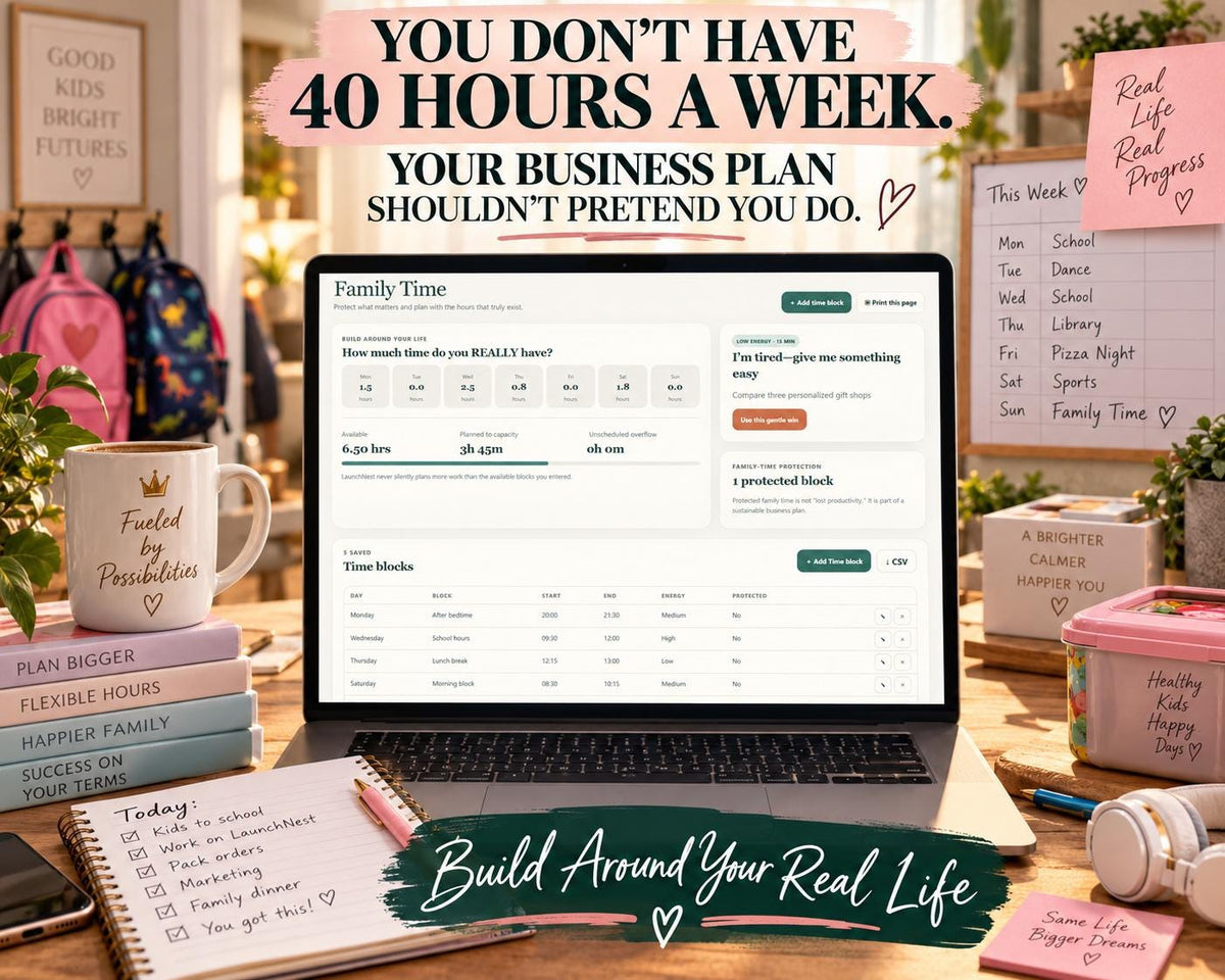 Work from home parent business planner showing weekly founder capacity, family-time protection, overflow and low-energy business tasks.