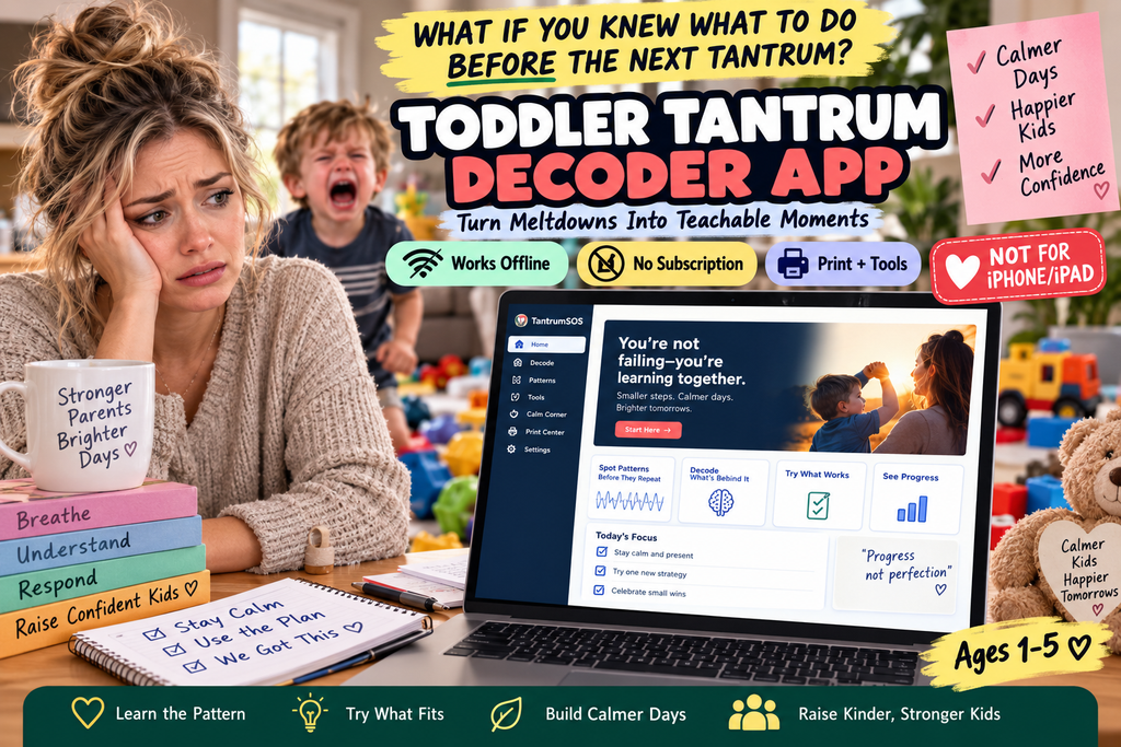 Toddler tantrum help app on laptop showing TantrumSOS Home dashboard, SOS button, meltdown tracking, caregiver strategies and pattern support for ages 1–4.