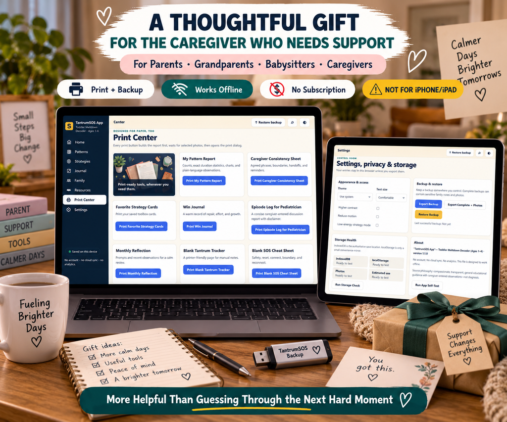 Digital gift for toddler parents showing TantrumSOS privacy, local storage, backup and offline parenting tools for caregivers of children ages 1–4.