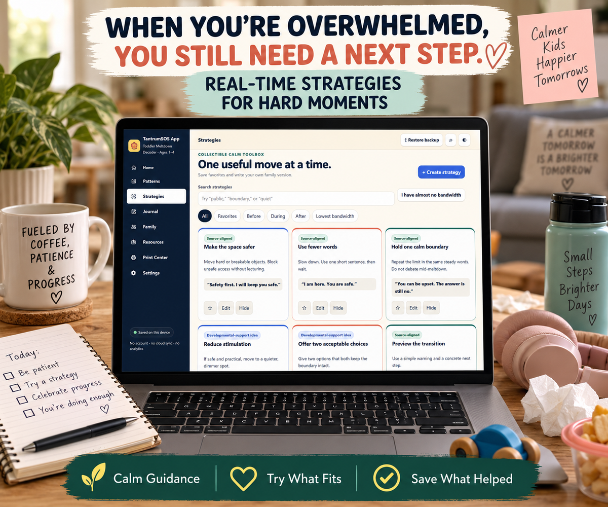 Gentle parenting strategy app showing toddler tantrum scripts, calm boundaries, transition help, reduced stimulation and low-bandwidth strategies.