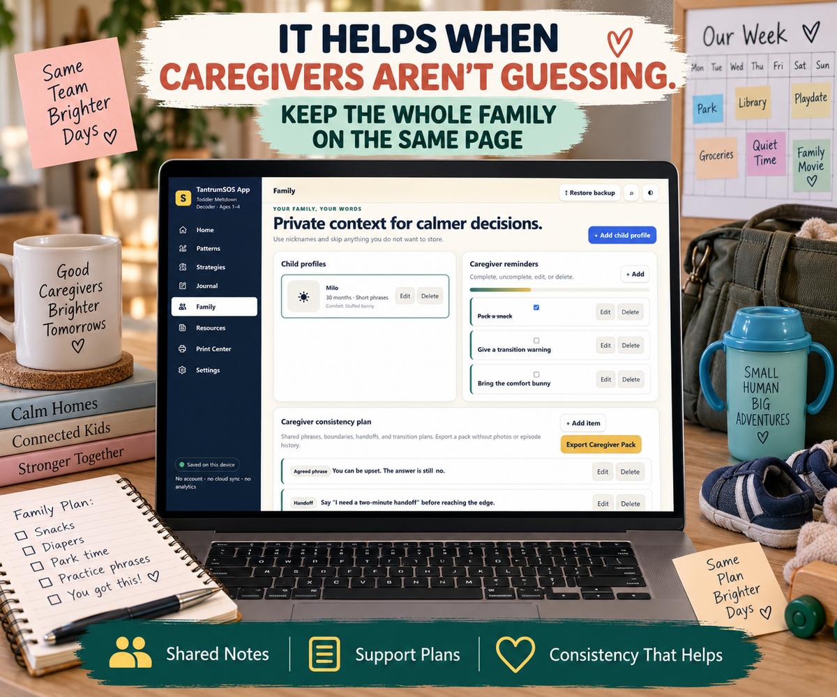 Toddler caregiver planning app showing child profiles, caregiver reminders, shared boundaries, transition plans and consistent parenting strategies.