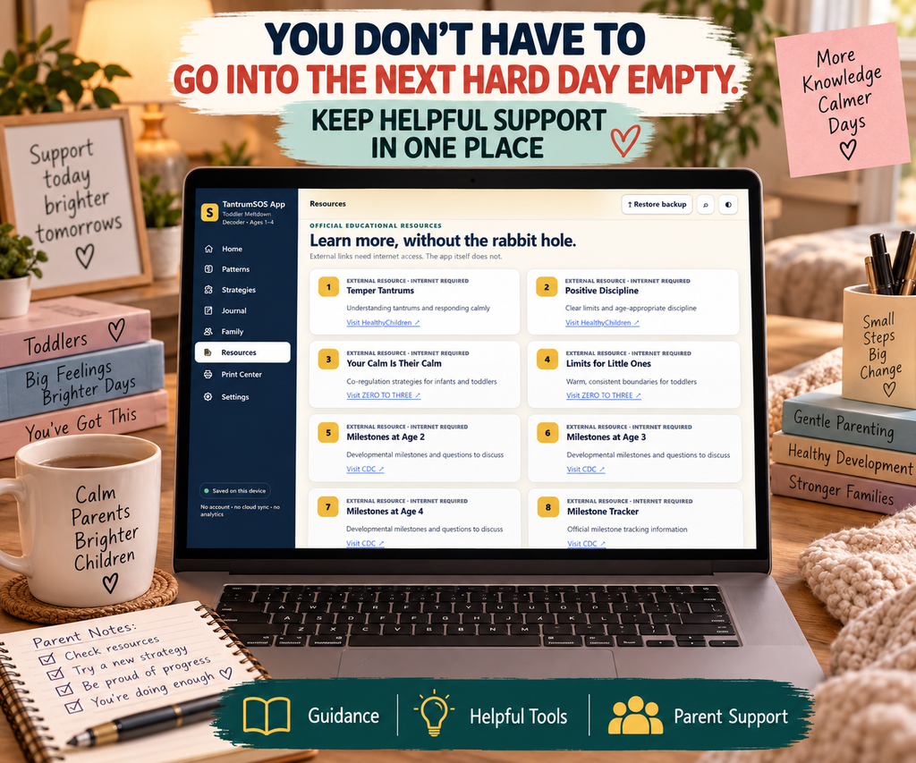 TantrumSOS Resources page with educational guidance, helpful links and parent support in one place.