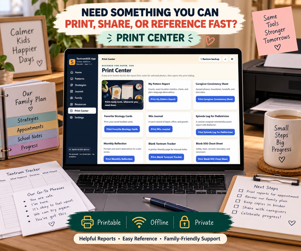 TantrumSOS Print Center with printable toddler tantrum tracker, strategy cards, caregiver consistency sheet, pattern report and pediatrician log.