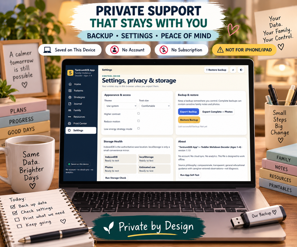 TantrumSOS settings, privacy and storage page showing local browser saving, backup and restore tools.