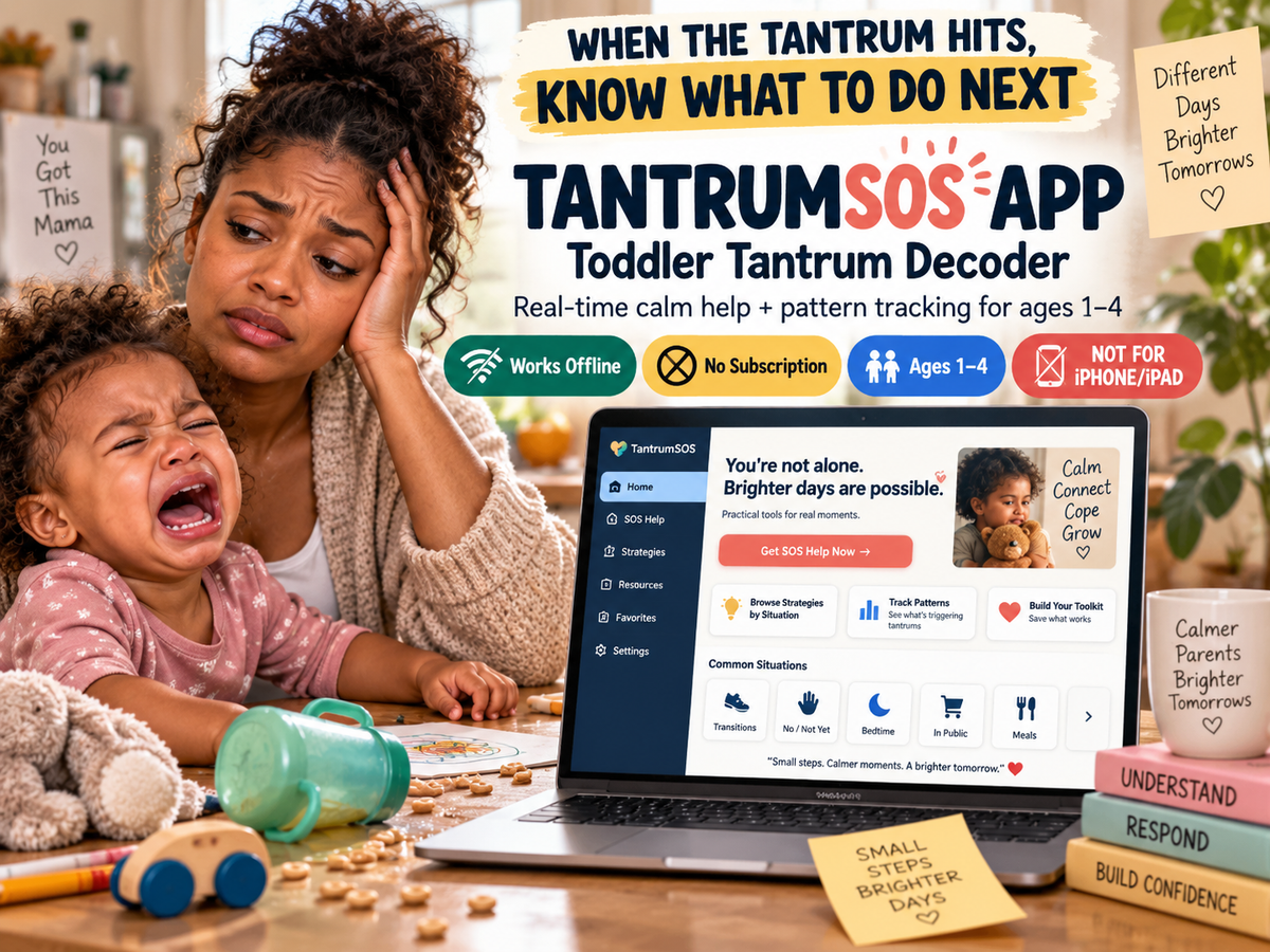 TantrumSOS toddler tantrum decoder app on a laptop beside a mother and toddler, with offline support and pattern tracking for ages 1–4.