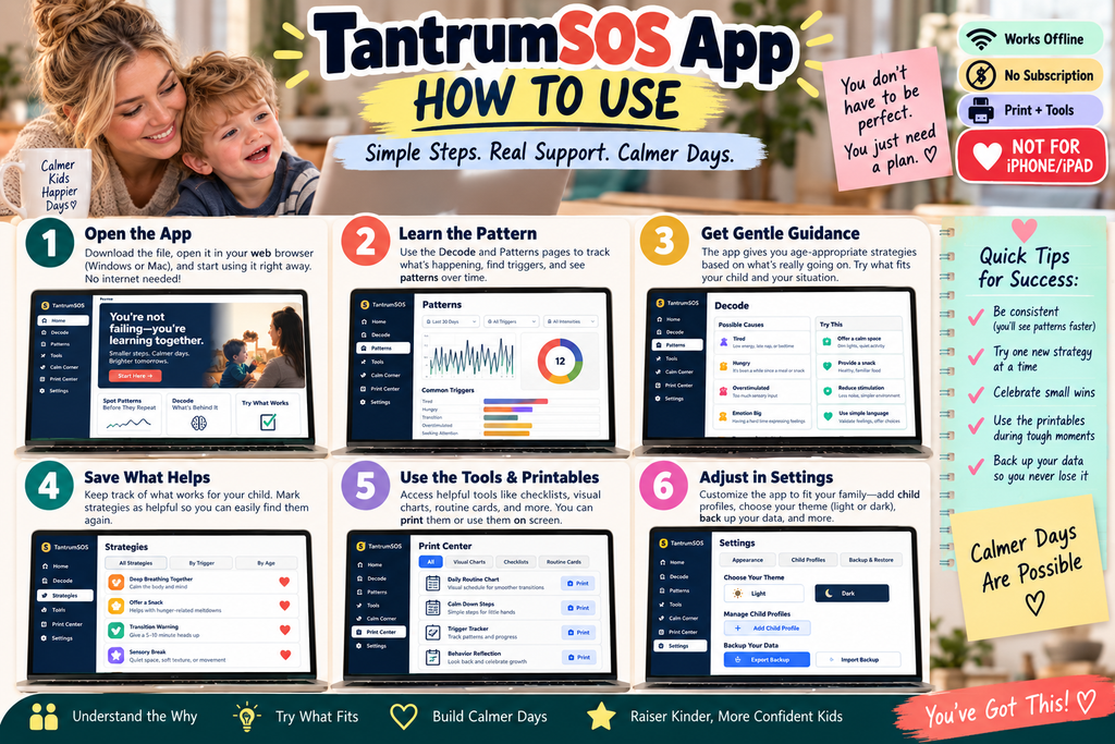TantrumSOS how-to guide showing how to open the app, review patterns, get guidance, save notes, use tools and adjust settings.