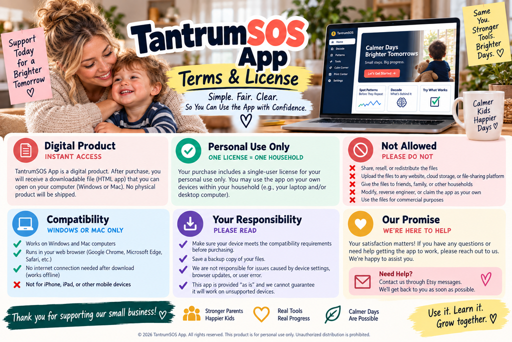 TantrumSOS terms and license explaining the digital product, personal-use license, compatibility and user responsibilities.
