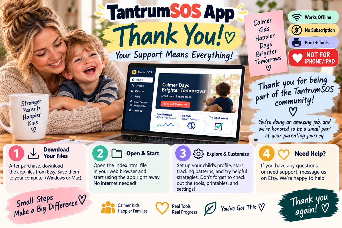 TantrumSOS thank-you page with steps to download files, open the app, use help and read the guide.